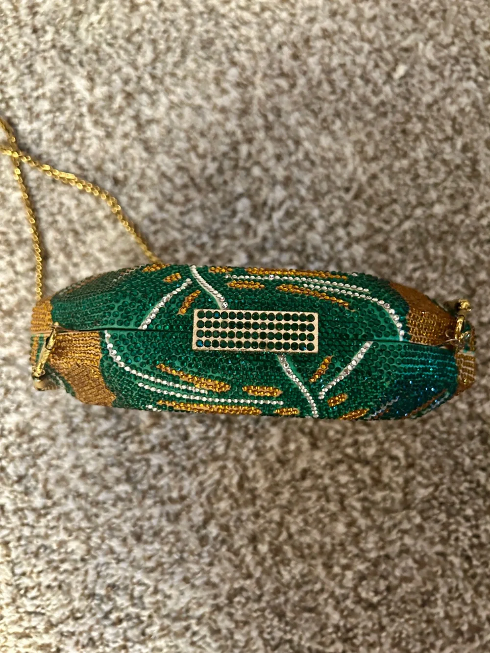 Sassy Jones Gold Beaded Octagon Crossbody with Green Leaf Motif